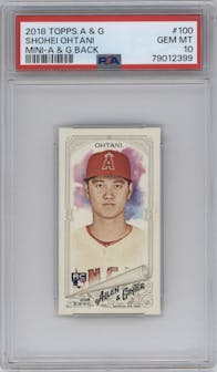Shohei Ohtani from the 2018 Topps Allen & Ginter set featuring a Mini A&G Logo Back parallel graded by PSA and given an overall grade of 10.