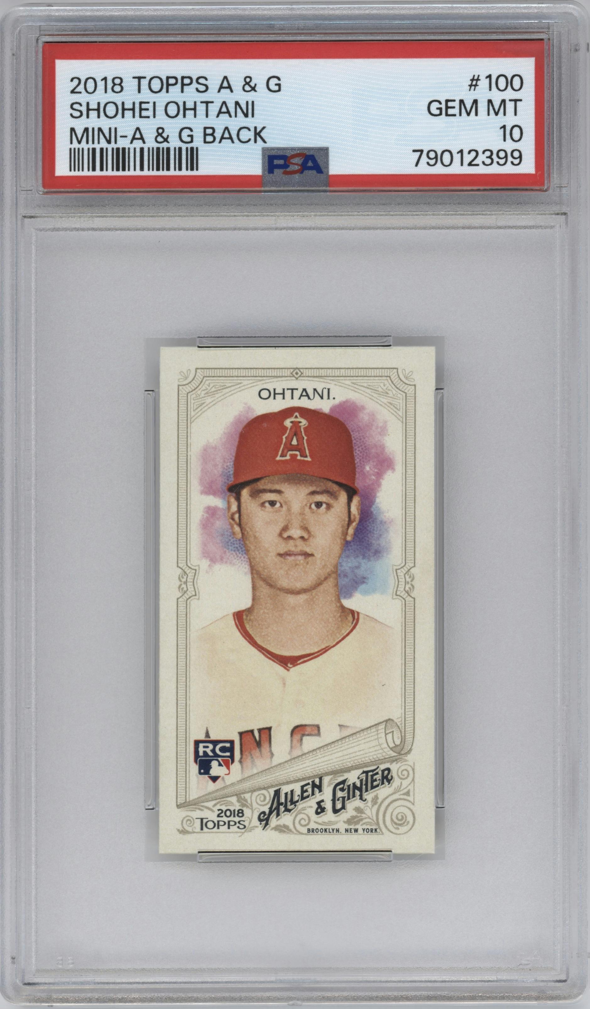 Shohei Ohtani from the 2018 Topps Allen & Ginter set featuring a Mini A&G Logo Back parallel graded by PSA and given an overall grade of 10.