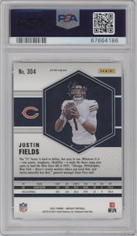 Justin Fields from the 2021 Panini Mosaic set featuring a Mosaic parallel graded by PSA and given an overall grade of 10.