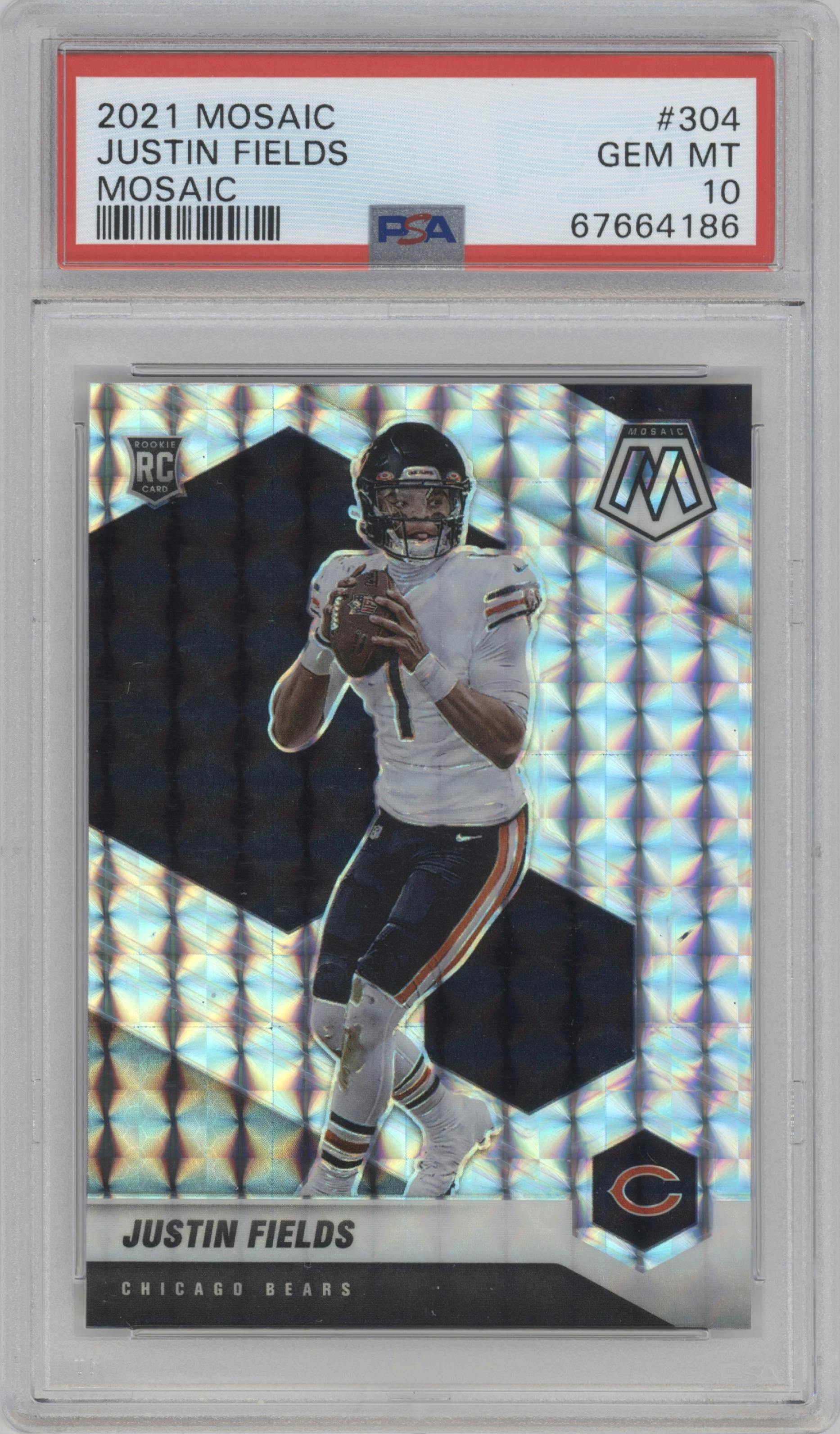 Justin Fields from the 2021 Panini Mosaic set featuring a Mosaic parallel graded by PSA and given an overall grade of 10.