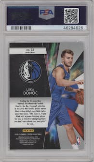 Luka Doncic from the 2018-19 Panini Prizm set featuring a Silver Prizm parallel graded by PSA and given an overall grade of 10.