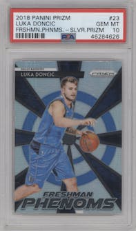Luka Doncic from the 2018-19 Panini Prizm set featuring a Silver Prizm parallel graded by PSA and given an overall grade of 10.