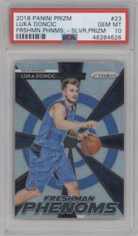Luka Doncic from the 2018-19 Panini Prizm set featuring a Silver Prizm parallel graded by PSA and given an overall grade of 10.