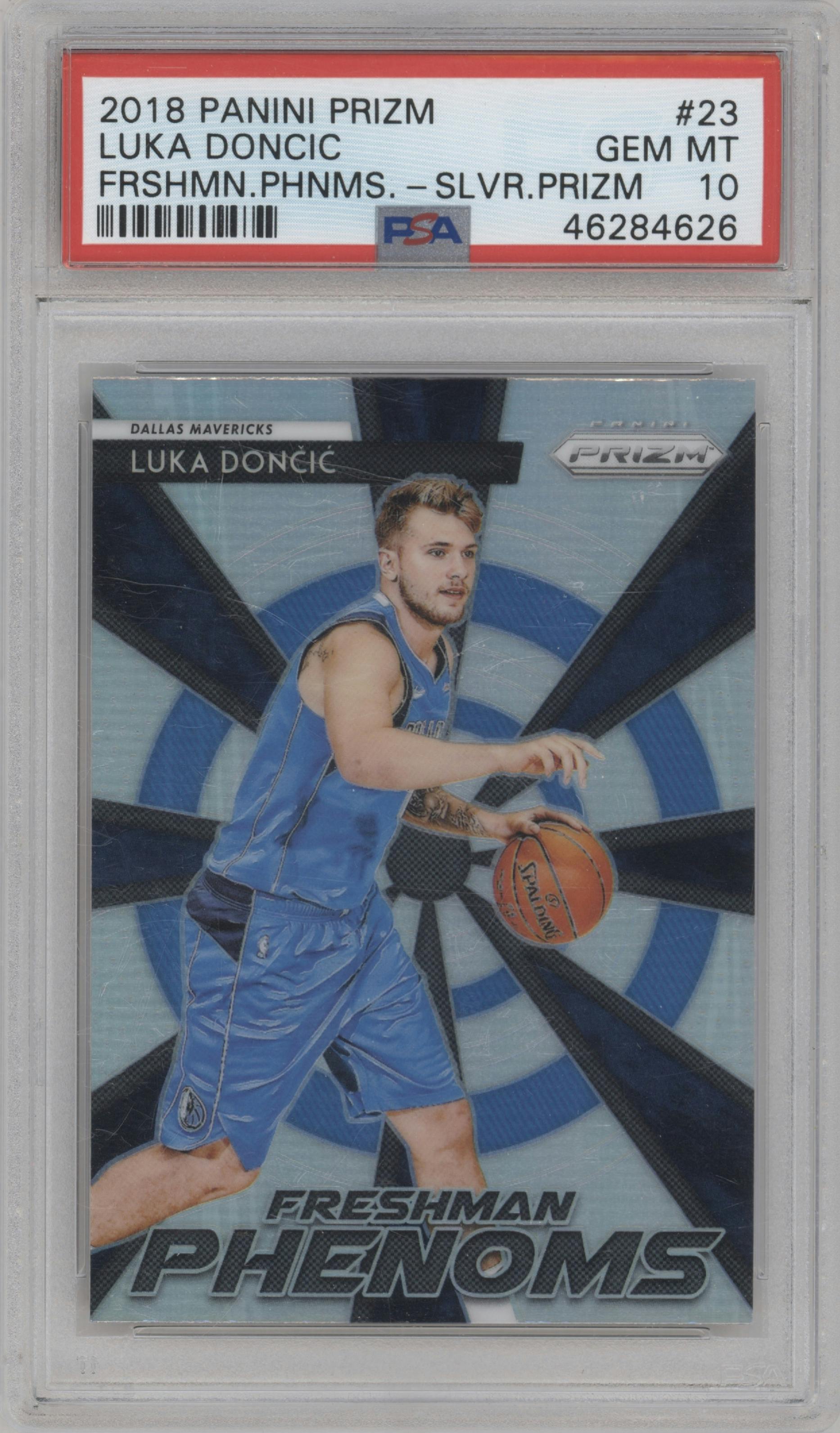 Luka Doncic from the 2018-19 Panini Prizm set featuring a Silver Prizm parallel graded by PSA and given an overall grade of 10.