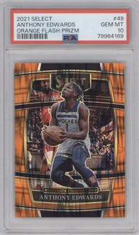 Anthony Edwards from the 2021-22 Panini Select set featuring a Orange Flash parallel graded by PSA and given an overall grade of 10.