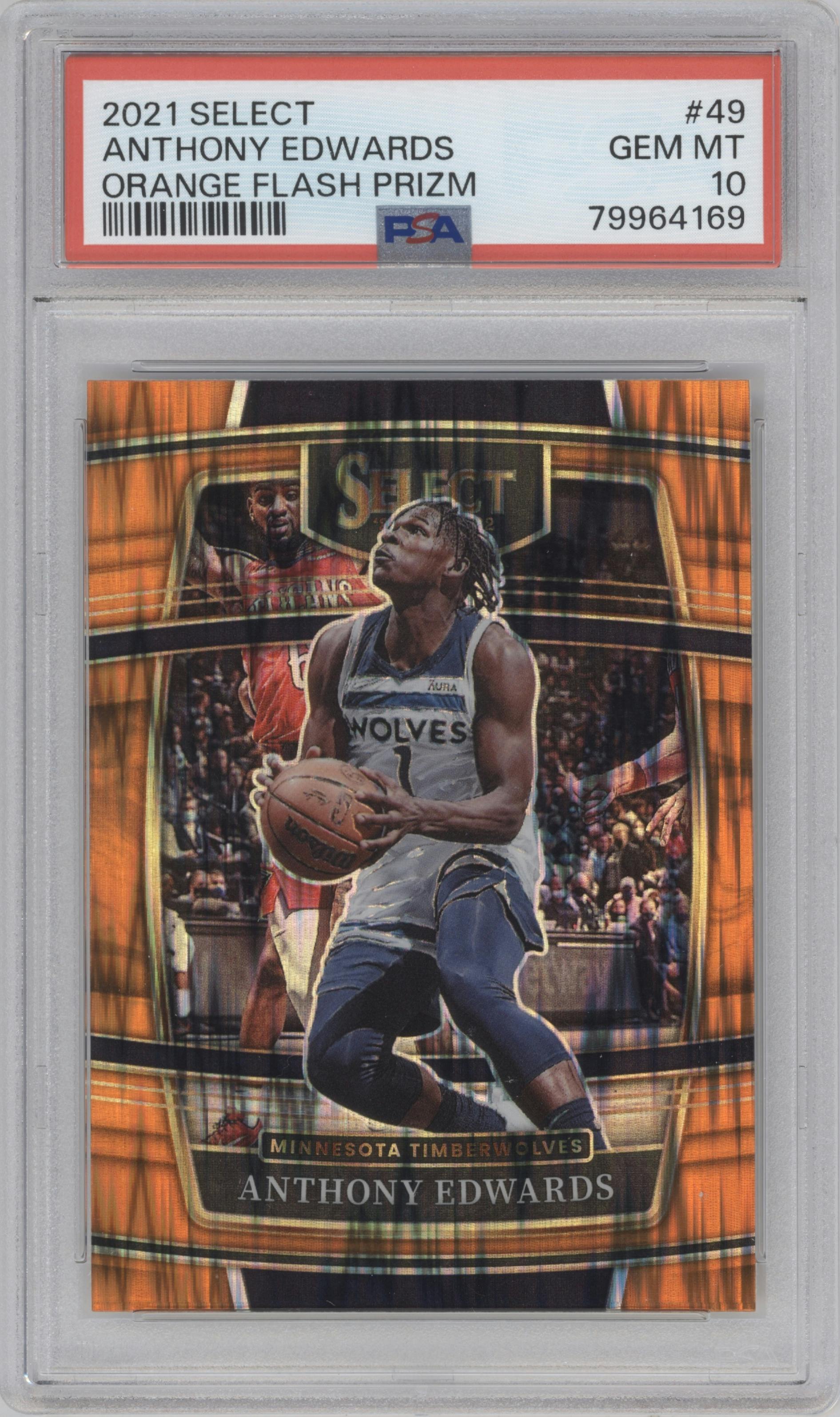 Anthony Edwards from the 2021-22 Panini Select set featuring a Orange Flash parallel graded by PSA and given an overall grade of 10.