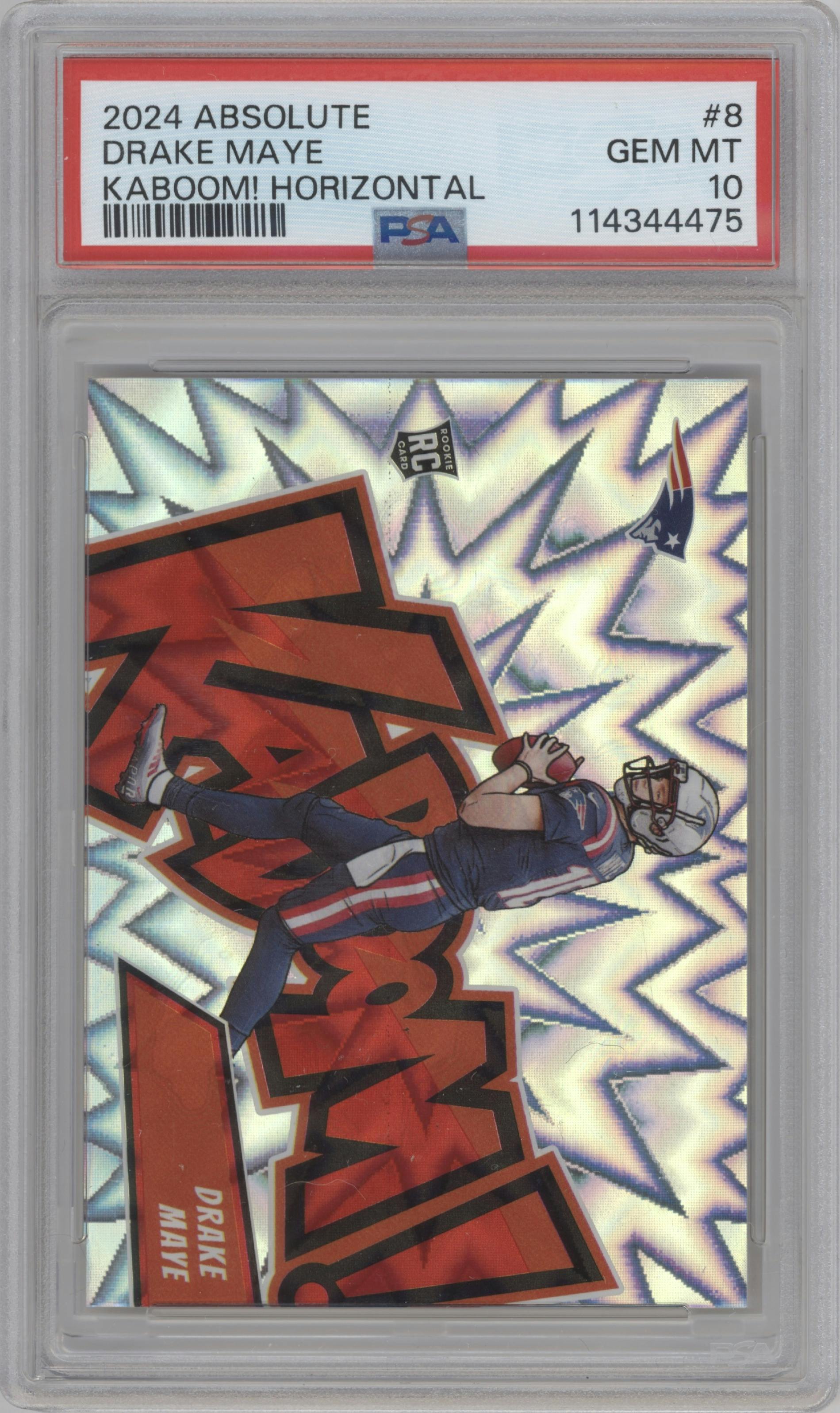 Drake Maye from the 2024 Panini Absolute set graded by PSA and given an overall grade of 10.