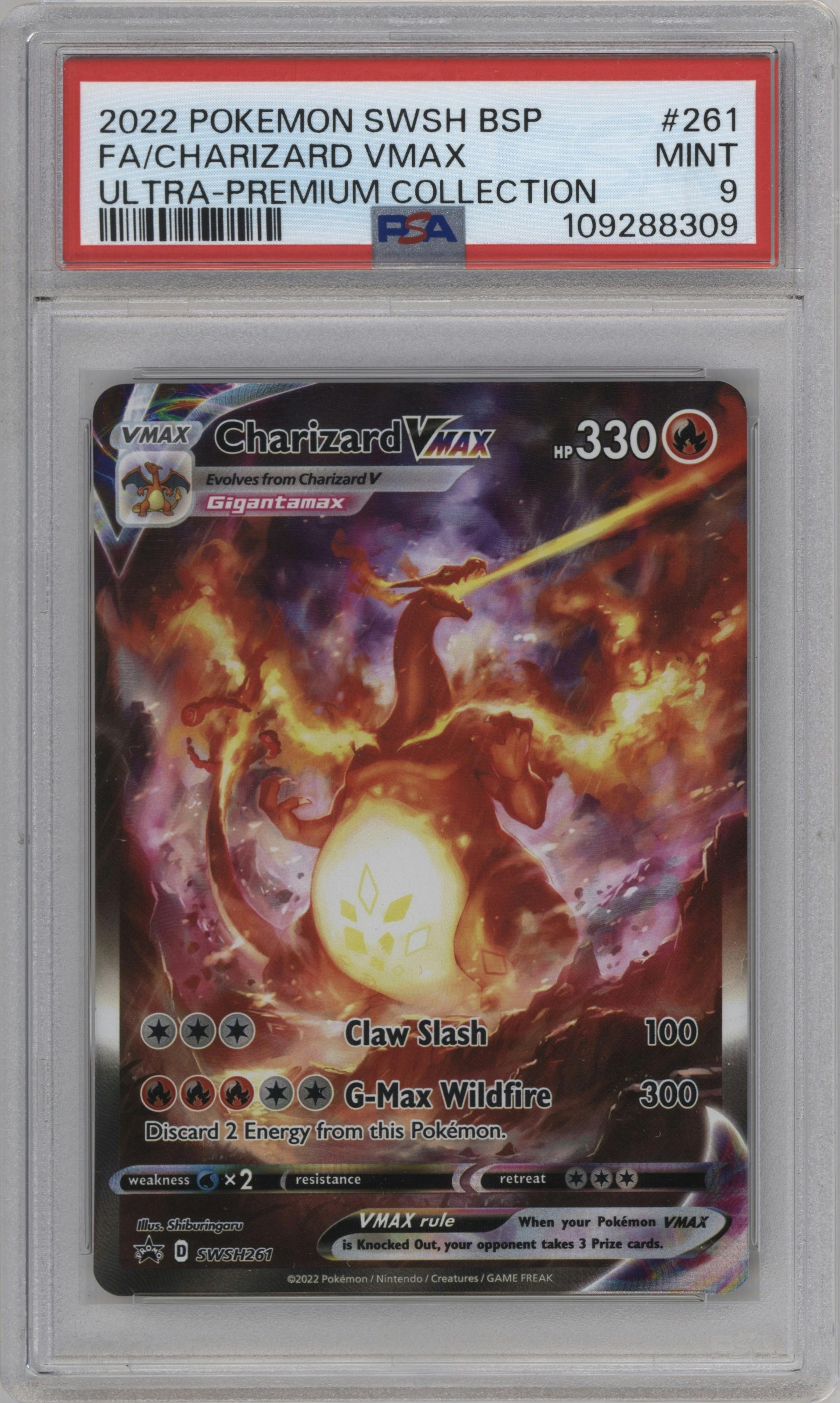 Charizard VMAX  from the 2022 Pokemon SWSH set featuring a Ultra Premium Collection parallel graded by PSA and given an overall grade of 9.
