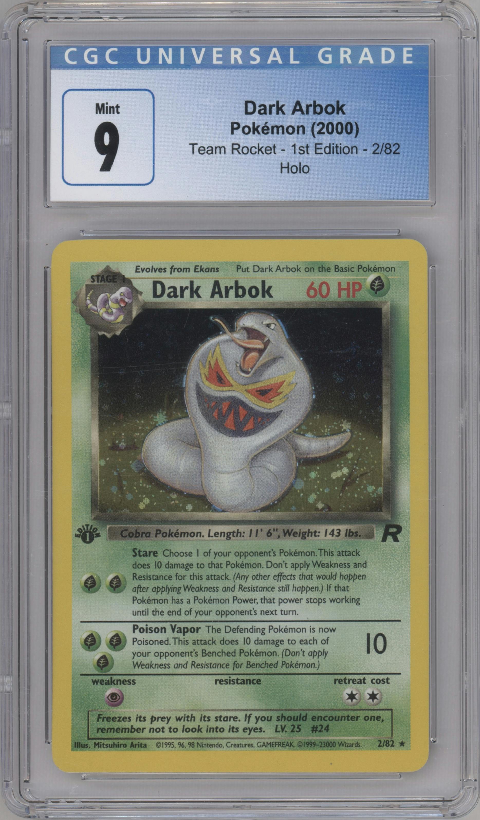 Dark Arbok from the 2000 Pokemon set graded by CSG and given an overall grade of 9.