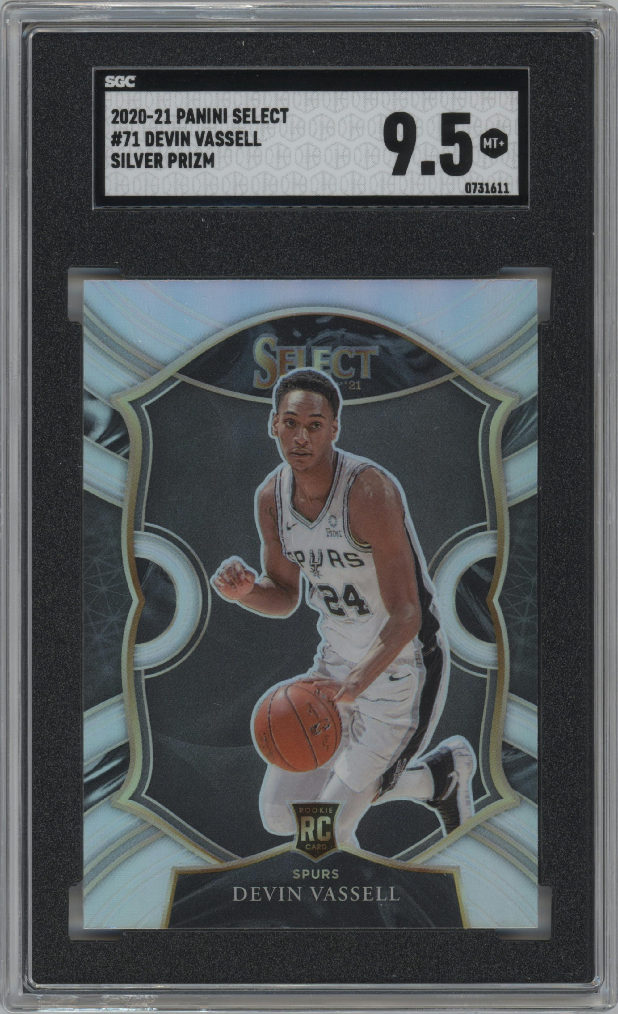 Devin Vassell from the 2020-21 Panini Select  set featuring a Silver Prizm parallel graded by SGC and given an overall grade of 9.5.
