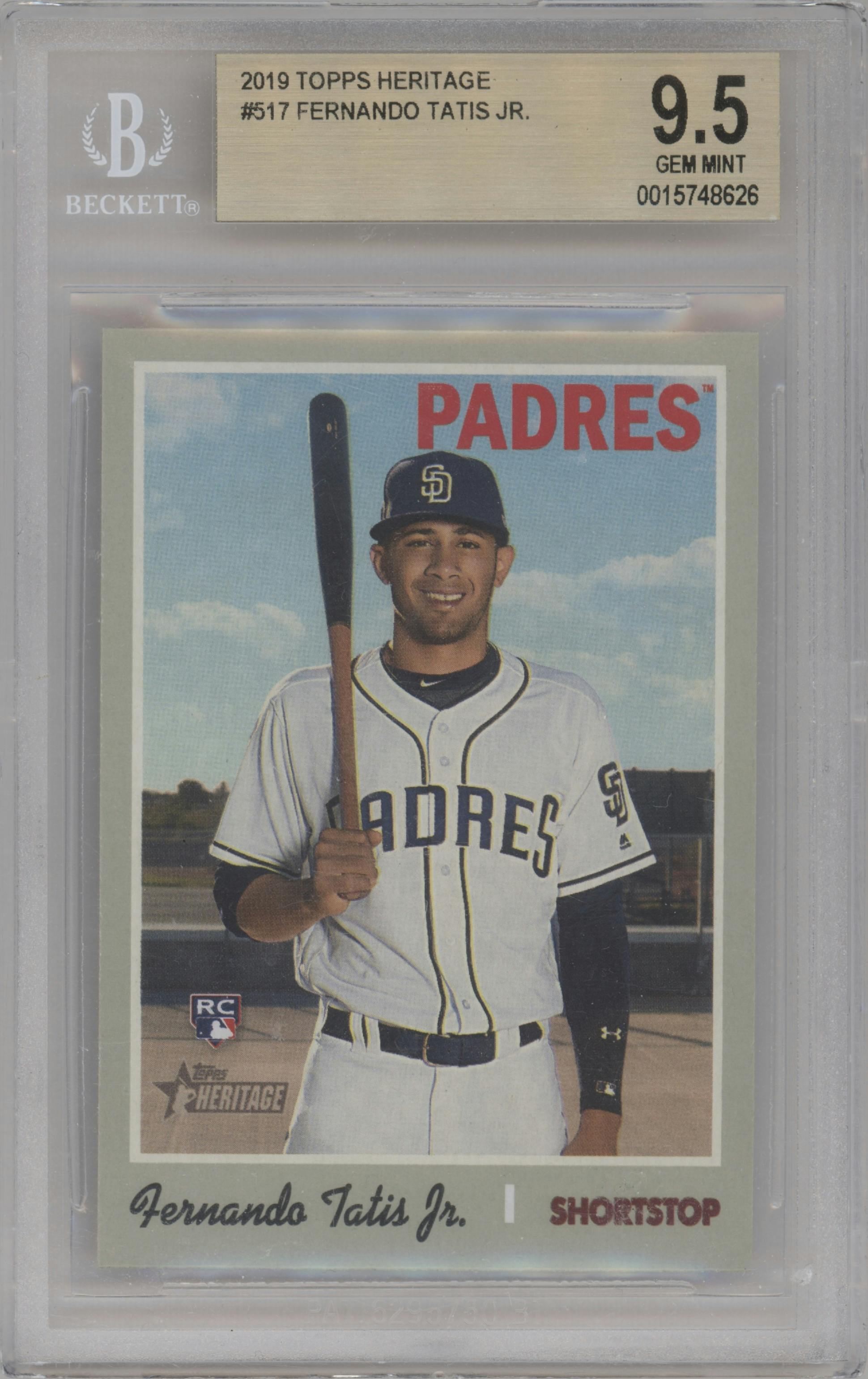 Fernando Tatis Jr. from the 2019 Topps Heritage HN set graded by Beckett and given an overall grade of 9.5.