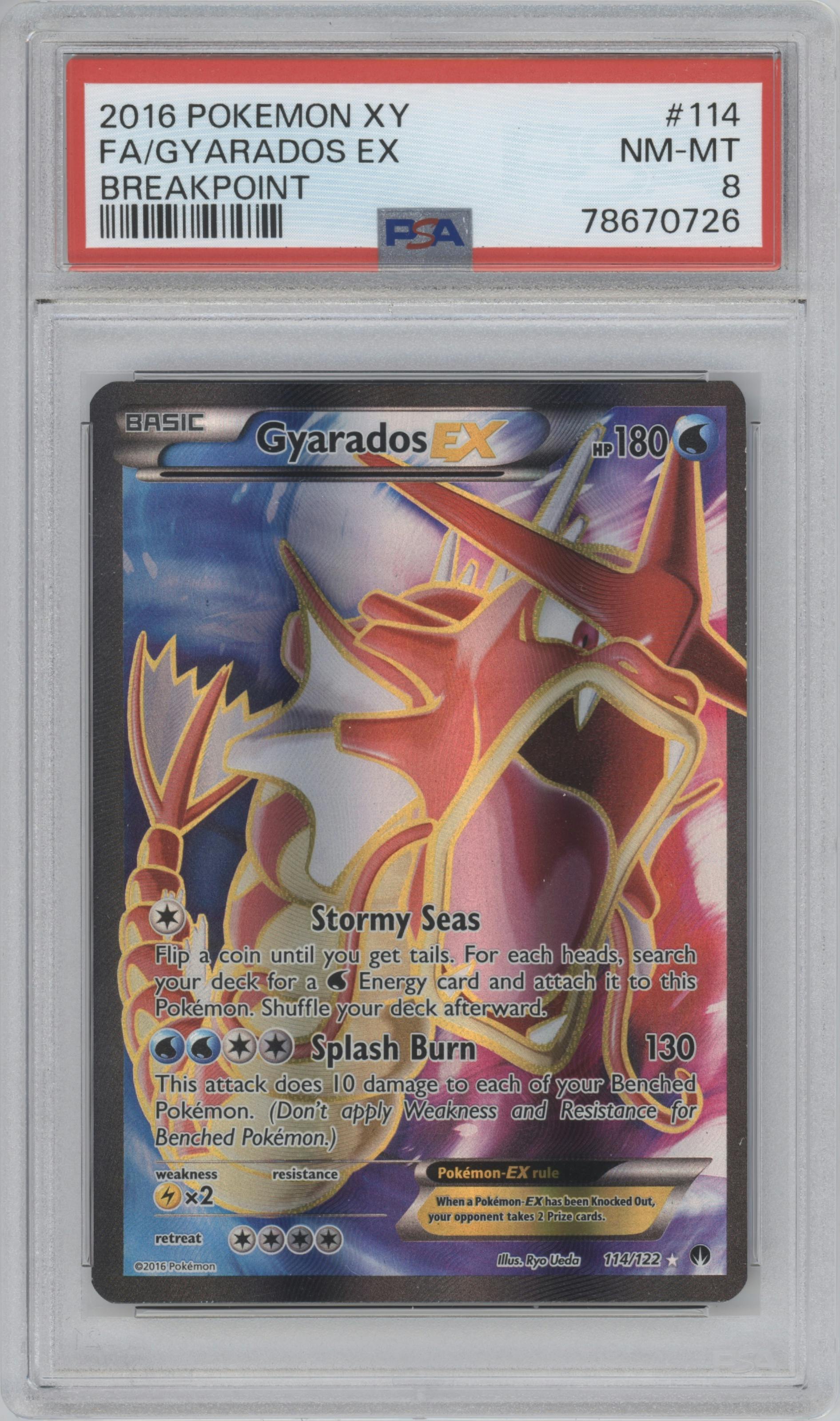 Gyarados EX from the 2016 Pokemon XY set graded by PSA and given an overall grade of 8.