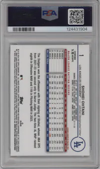 Shohei Ohtani from the 2024 Topps Chrome set featuring a Gold Raywave Refractor parallel graded by PSA and given an overall grade of 10.