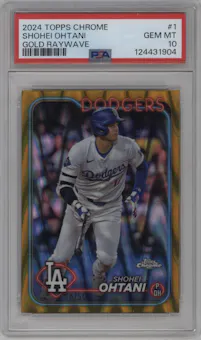 Shohei Ohtani from the 2024 Topps Chrome set featuring a Gold Raywave Refractor parallel graded by PSA and given an overall grade of 10.