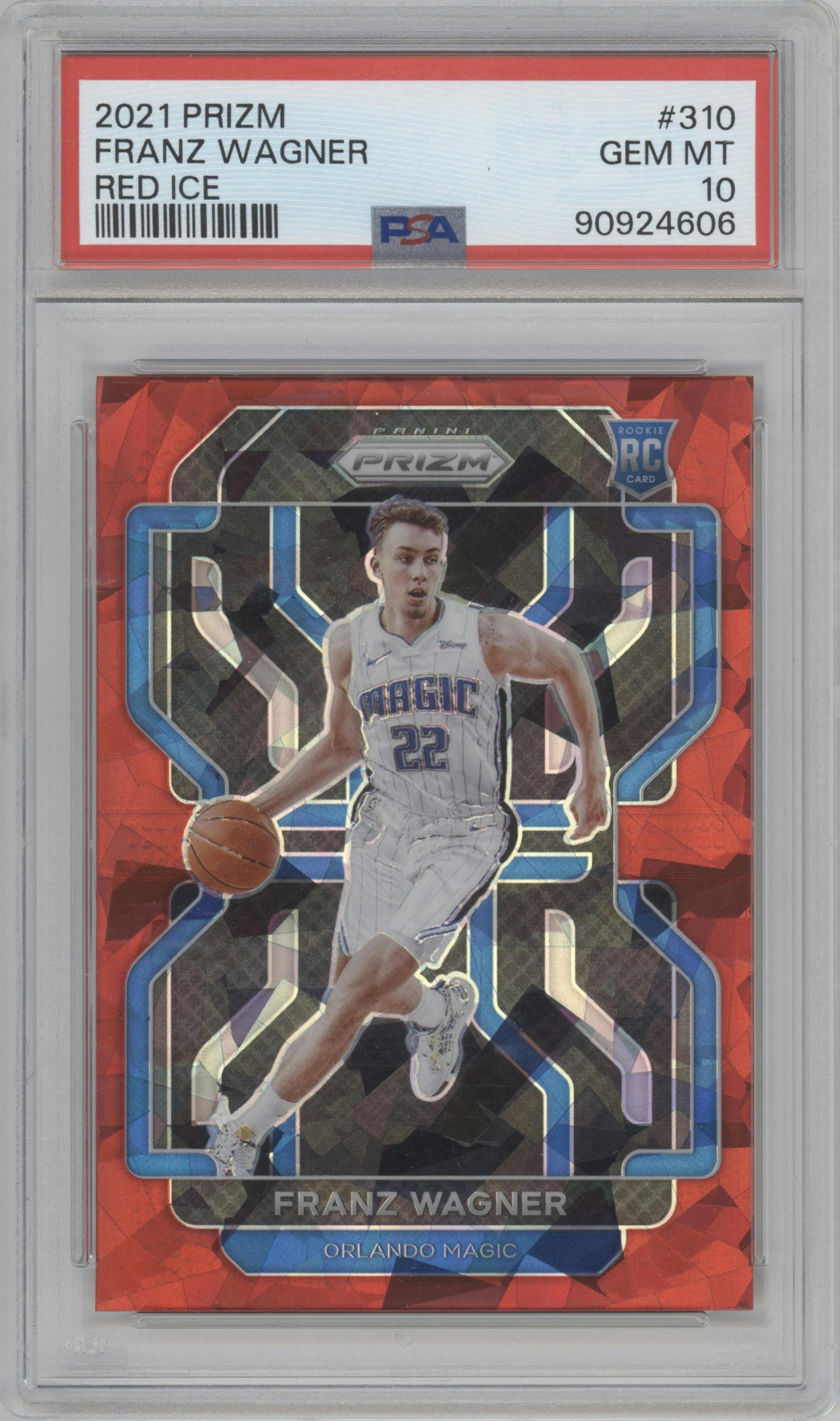 Franz Wagner from the 2021-22 Panini Prizm  set featuring a Red Ice parallel graded by PSA and given an overall grade of 10.