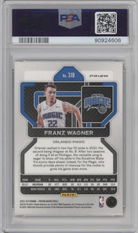 Franz Wagner from the 2021-22 Panini Prizm  set featuring a Red Ice parallel graded by PSA and given an overall grade of 10.