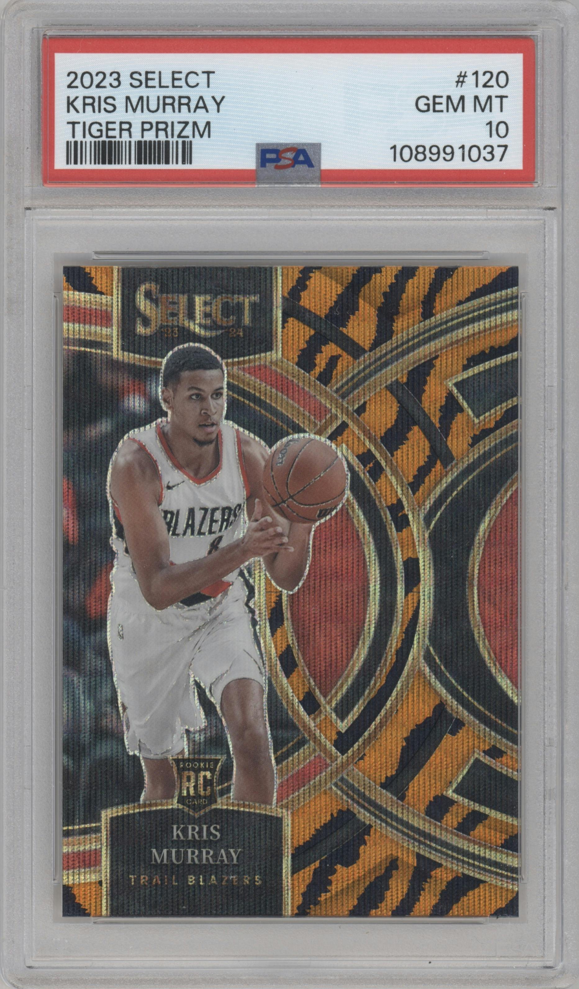 Kris Murray from the 2023-24 Panini Select  set featuring a Tiger parallel graded by PSA and given an overall grade of 10.