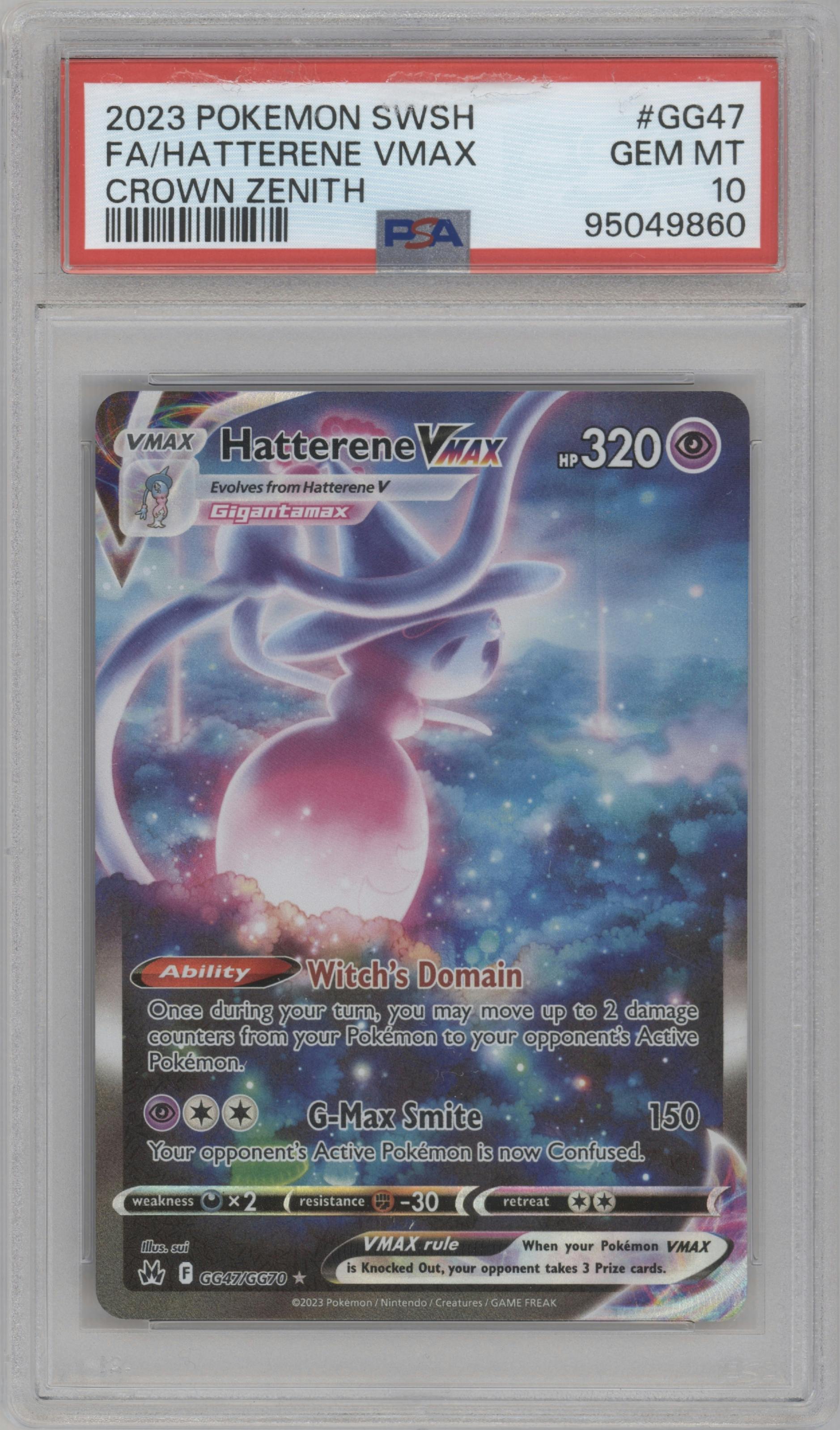 Hatterene VMAX from the 2023 Pokemon SWSH set graded by PSA and given an overall grade of 10.