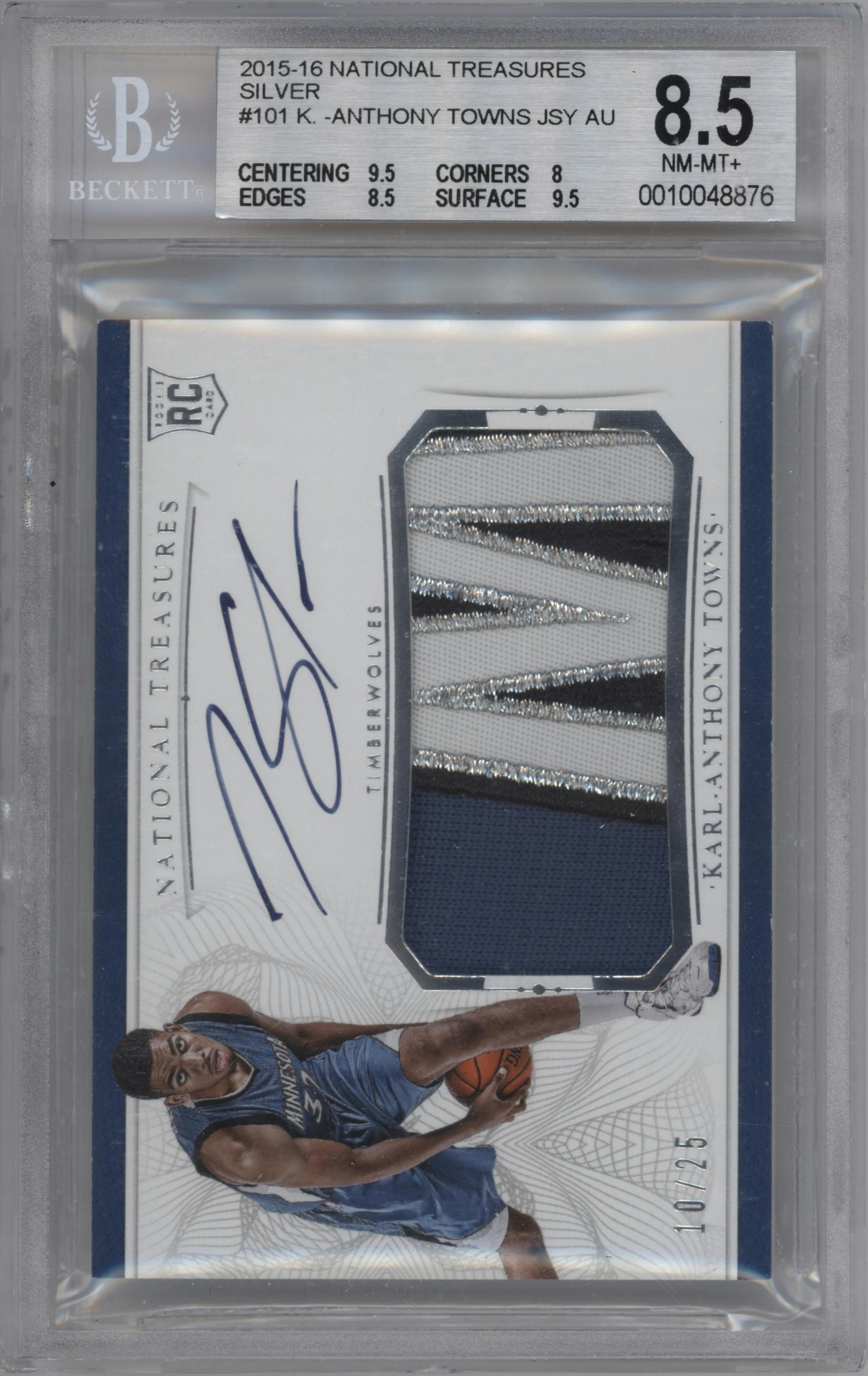 Karl-Anthony Towns from the 2015-16 Panini National Treasures  set featuring a Silver parallel graded by Beckett and given an overall grade of 8.5.