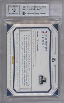 Karl-Anthony Towns from the 2015-16 Panini National Treasures  set featuring a Silver parallel graded by Beckett and given an overall grade of 8.5.