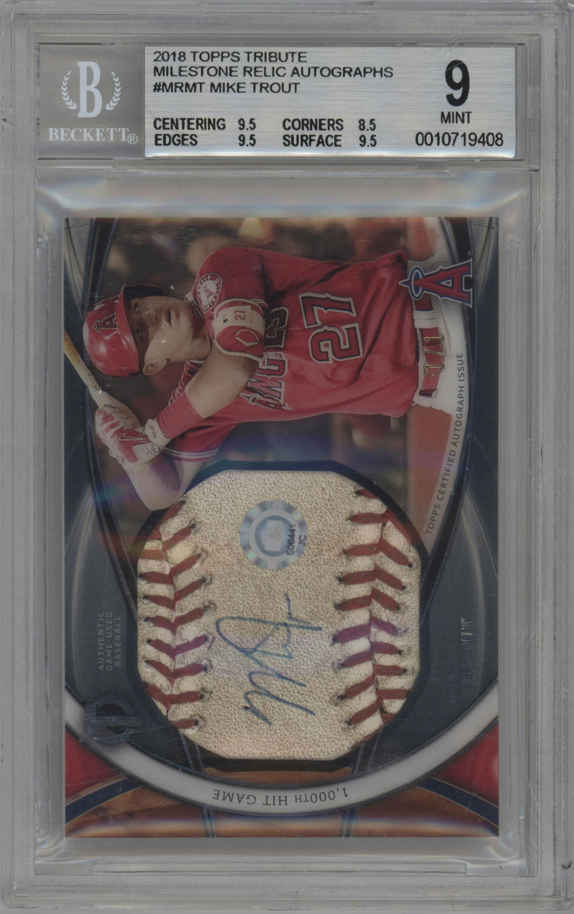 Mike Trout from the 2018 Topps Tribute set graded by Beckett and given an overall grade of 9.