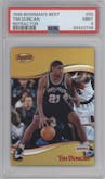 Tim Duncan from the 1998-99 Bowman’s Best set featuring a Refractor parallel graded by PSA and given an overall grade of 9.