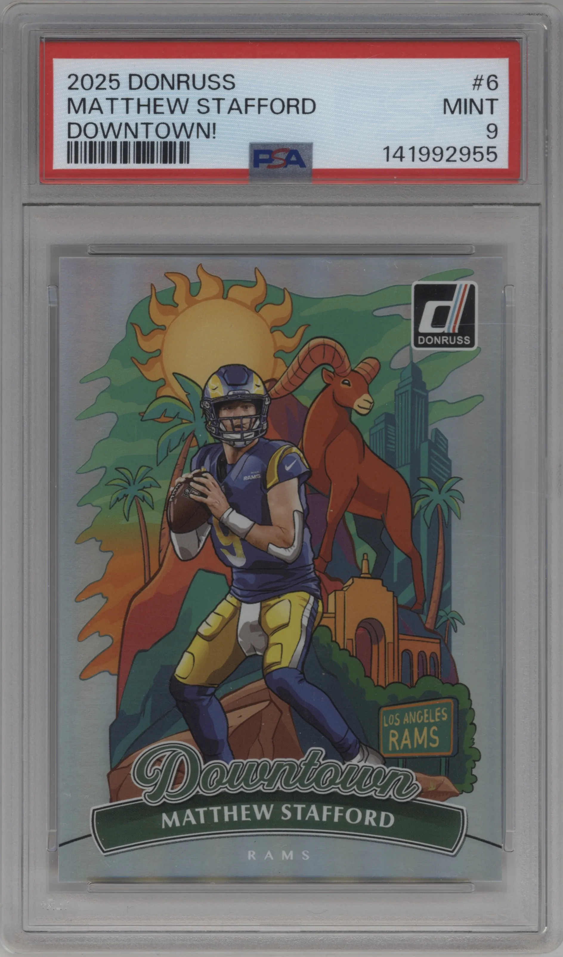Matthew Stafford from the 2025 Panini Donruss set graded by PSA and given an overall grade of 9.