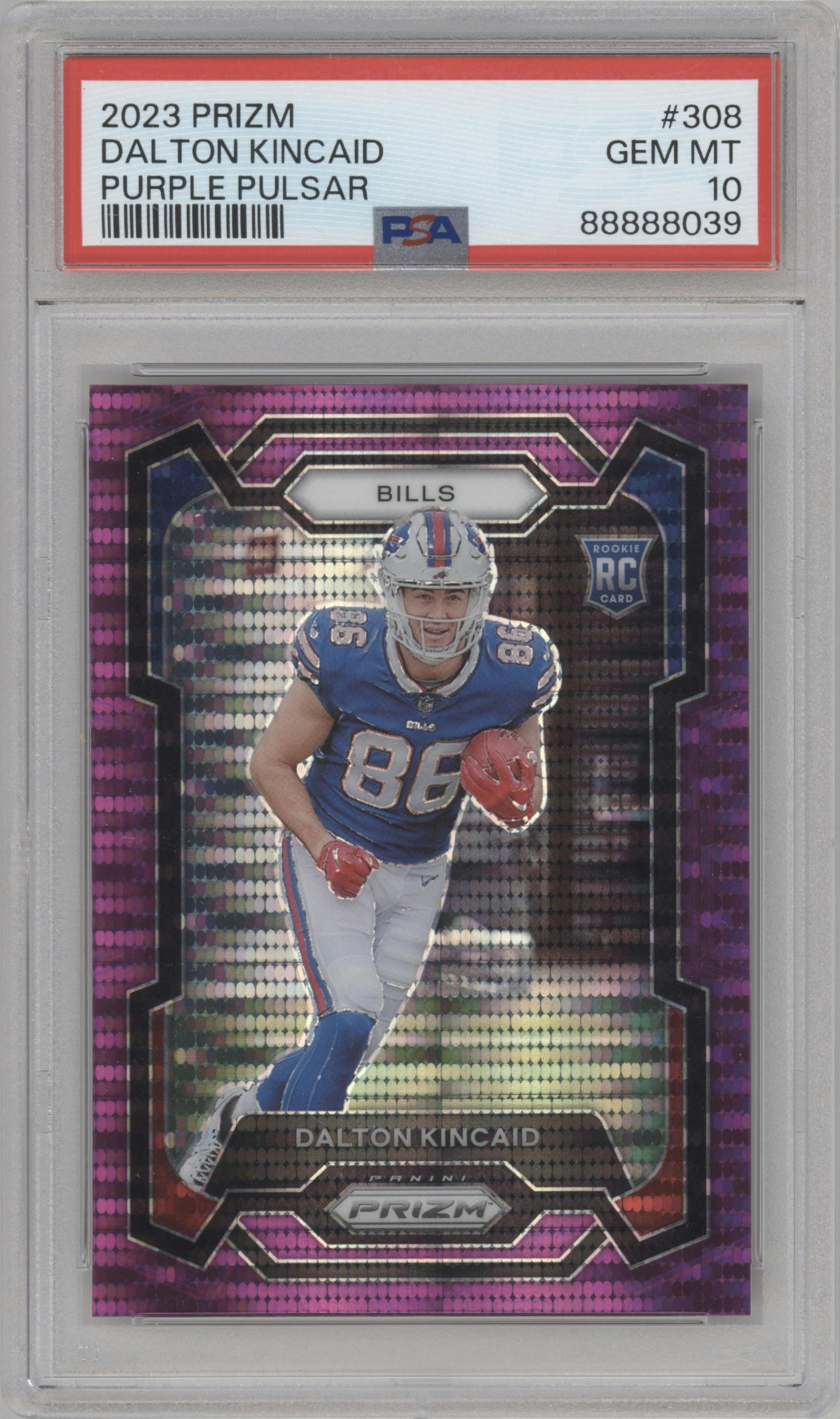 Dalton Kincaid from the 2023 Panini Prizm set featuring a Purple Pulsar parallel graded by PSA and given an overall grade of 10.