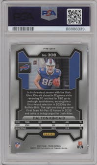 Dalton Kincaid from the 2023 Panini Prizm set featuring a Purple Pulsar parallel graded by PSA and given an overall grade of 10.