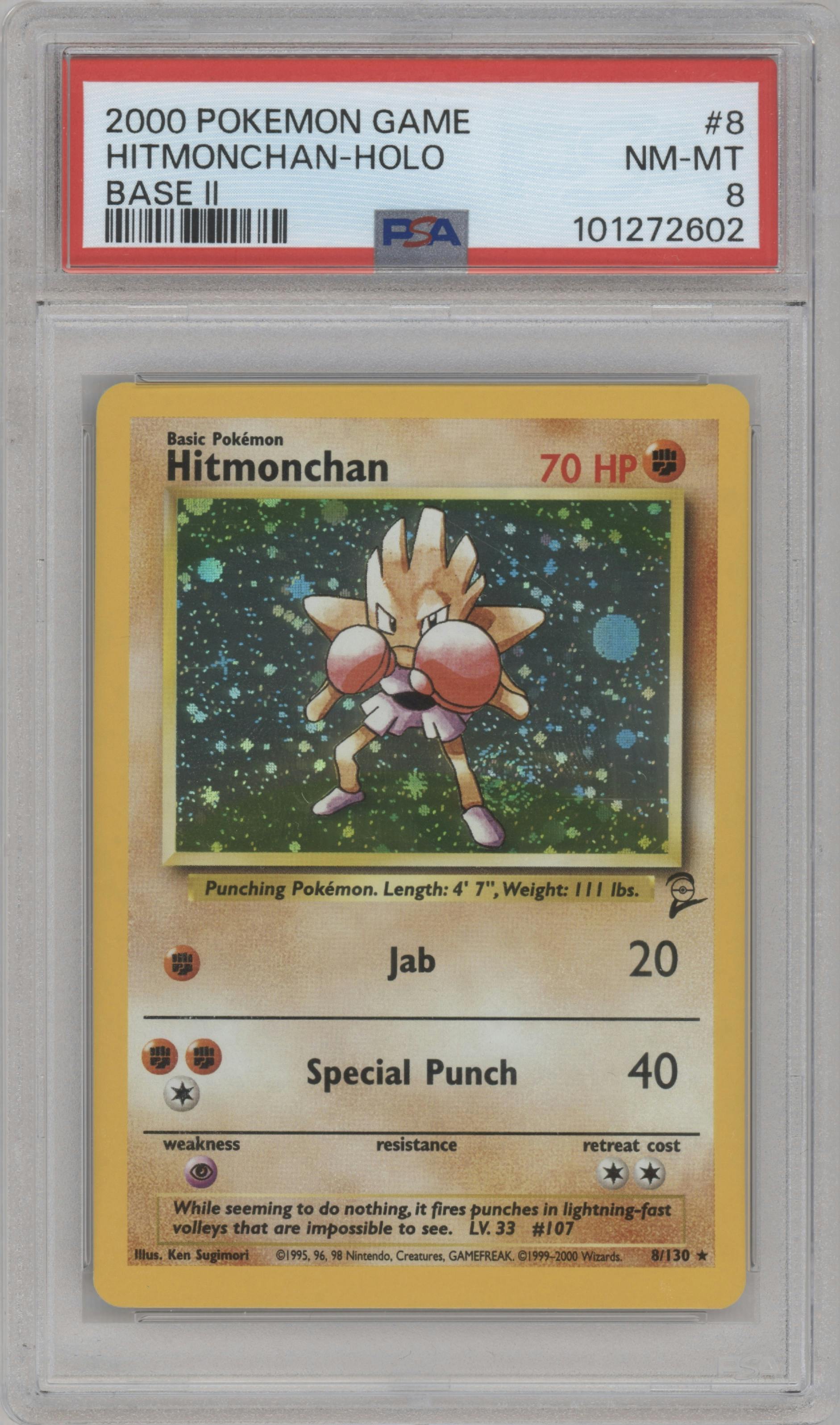 Hitmonchan from the 2000 Pokemon set graded by PSA and given an overall grade of 8.