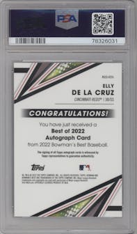 Elly De La Cruz from the 2022 Bowman’s Best   set featuring a Blue Refractor parallel graded by PSA and given an overall grade of 10.