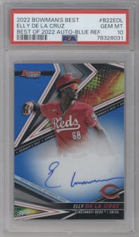 Elly De La Cruz from the 2022 Bowman’s Best   set featuring a Blue Refractor parallel graded by PSA and given an overall grade of 10.
