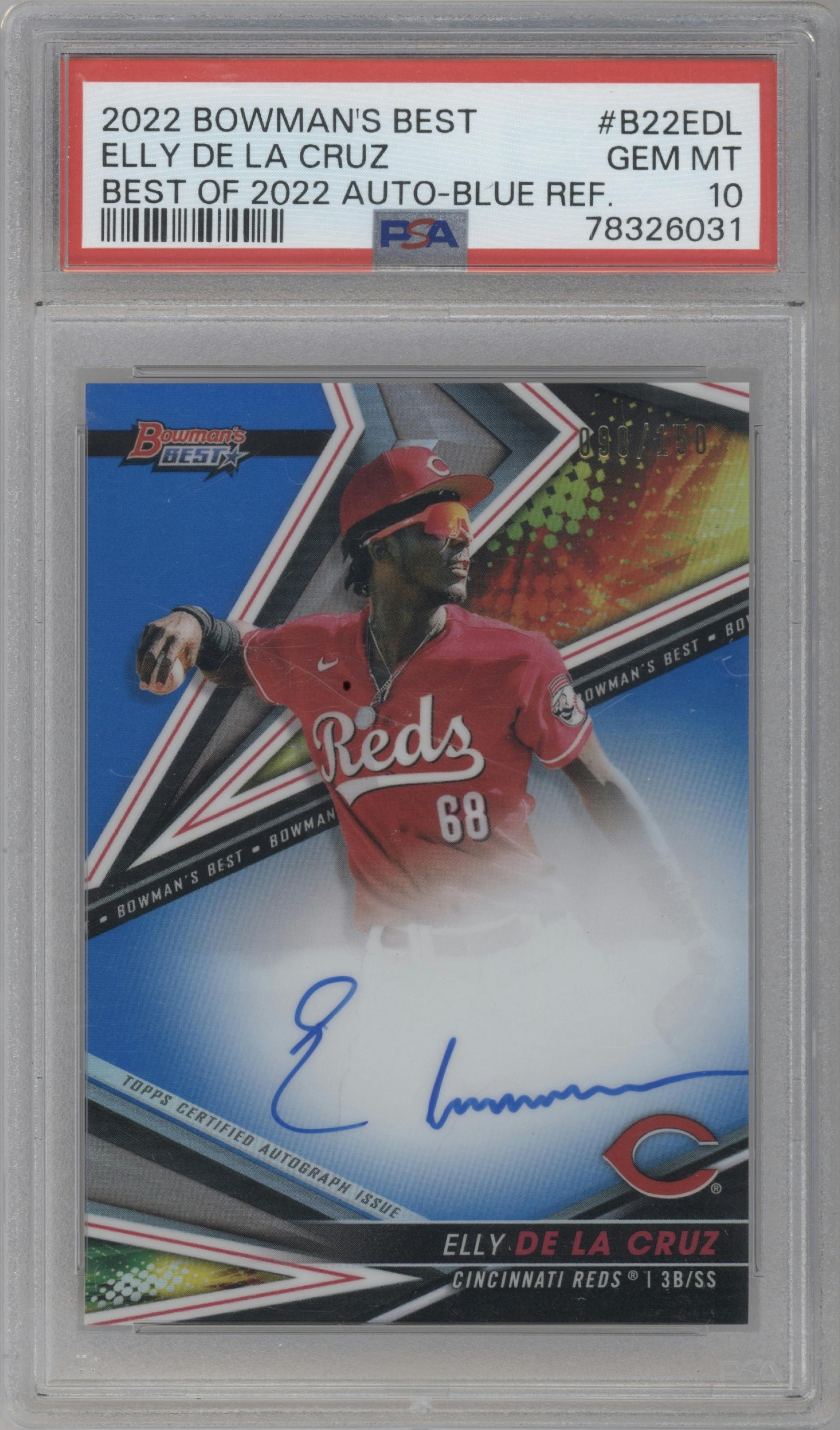 Elly De La Cruz from the 2022 Bowman’s Best   set featuring a Blue Refractor parallel graded by PSA and given an overall grade of 10.