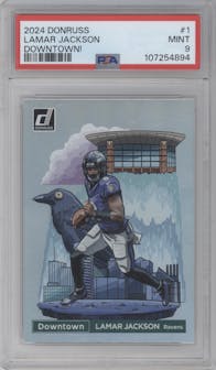 Lamar Jackson from the 2024 Donruss set graded by PSA and given an overall grade of 9.