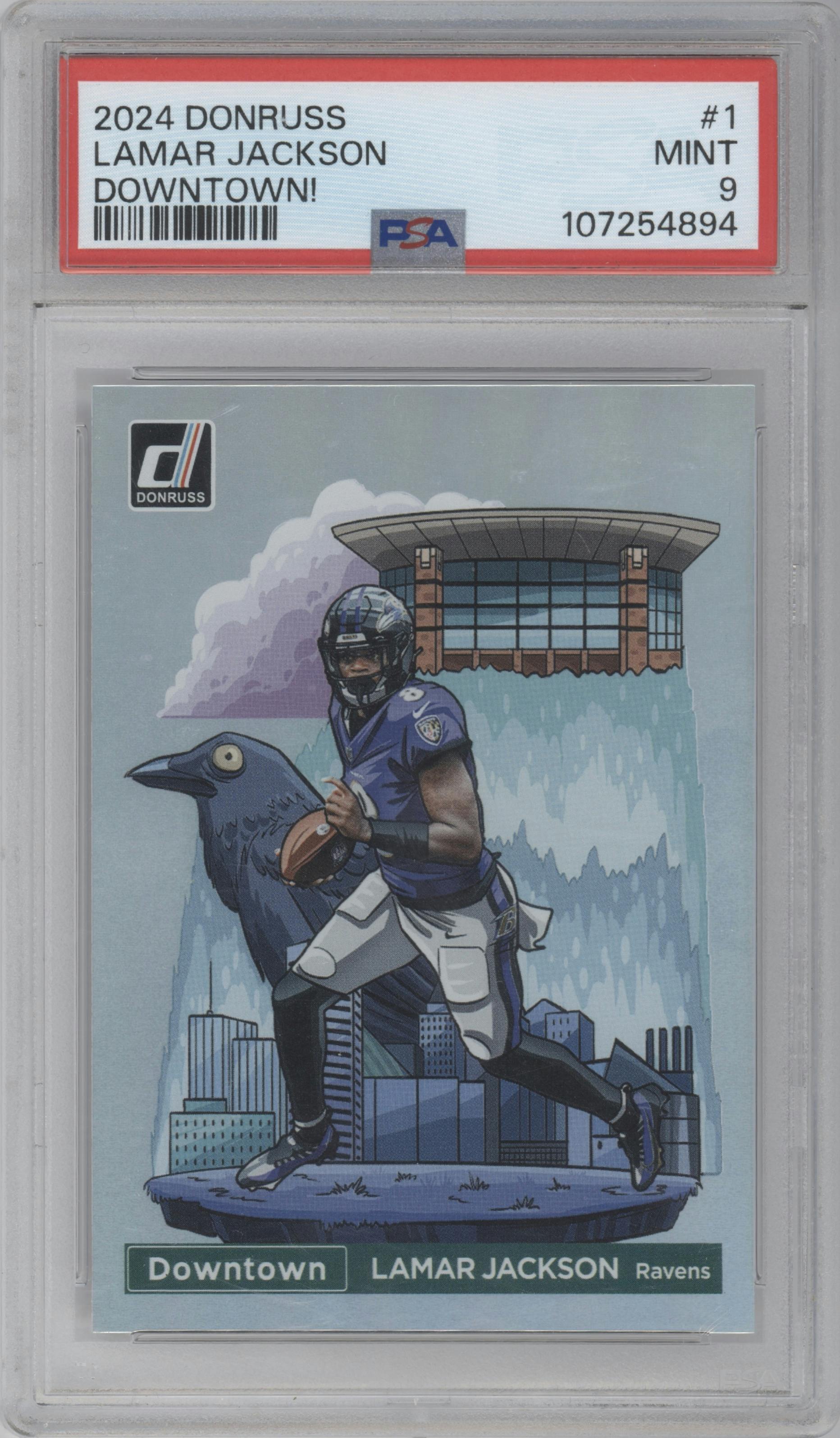 Lamar Jackson from the 2024 Donruss set graded by PSA and given an overall grade of 9.