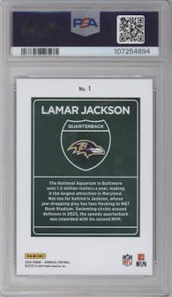 Lamar Jackson from the 2024 Donruss set graded by PSA and given an overall grade of 9.
