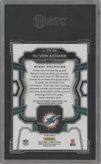 De'Von Achane from the 2023 Panini Prizm set featuring a Neon Green Pulsar parallel graded by SGC and given an overall grade of 10.