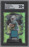 De'Von Achane from the 2023 Panini Prizm set featuring a Neon Green Pulsar parallel graded by SGC and given an overall grade of 10.