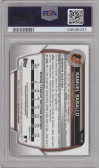 Samuel Basallo from the 2023 Bowman Chrome set graded by PSA and given an overall grade of 10.