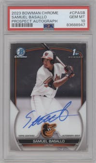 Samuel Basallo from the 2023 Bowman Chrome set graded by PSA and given an overall grade of 10.