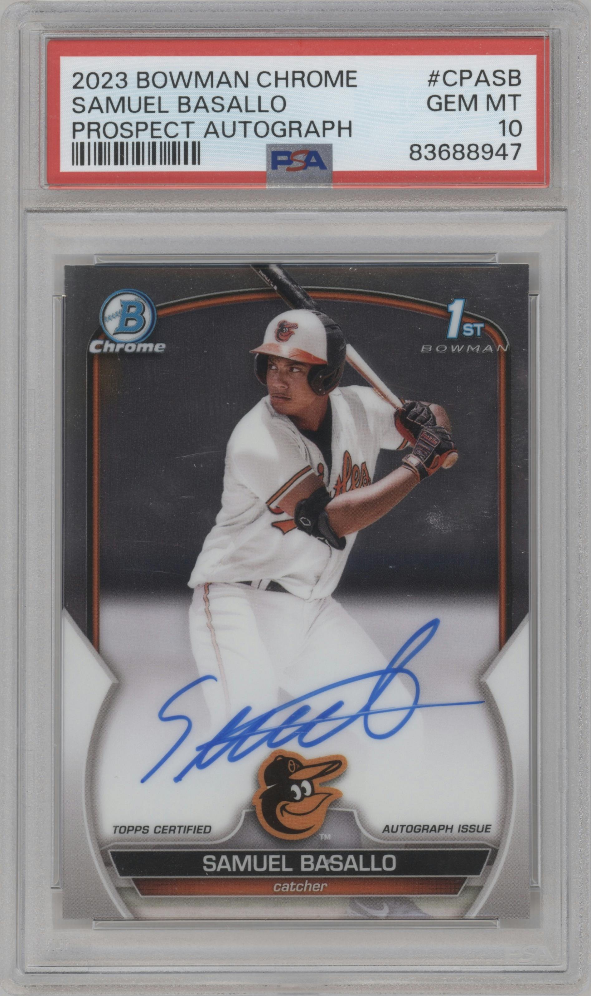Samuel Basallo from the 2023 Bowman Chrome set graded by PSA and given an overall grade of 10.
