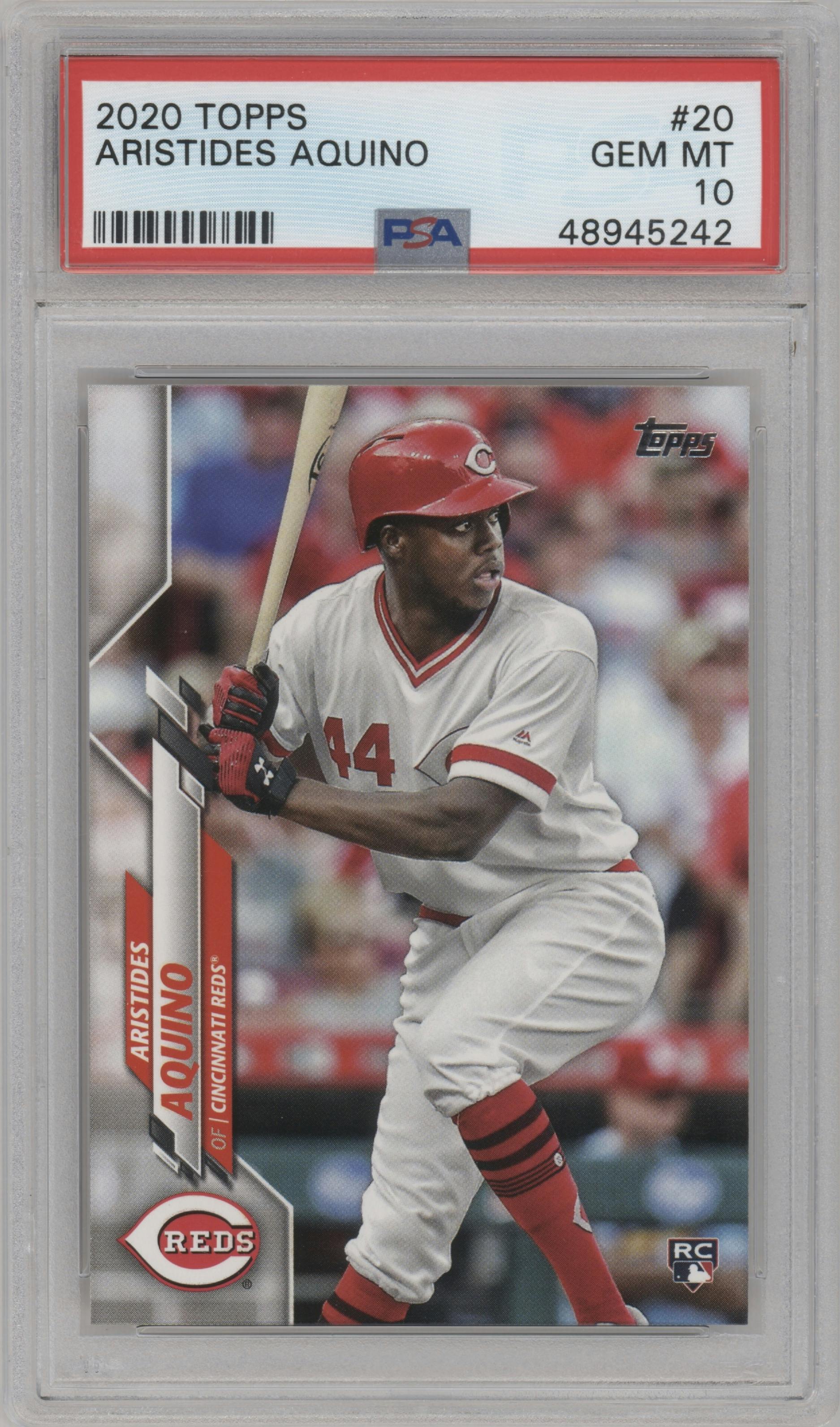 Aristides Aquino  from the 2020 Topps Series 1 set graded by PSA and given an overall grade of 10.