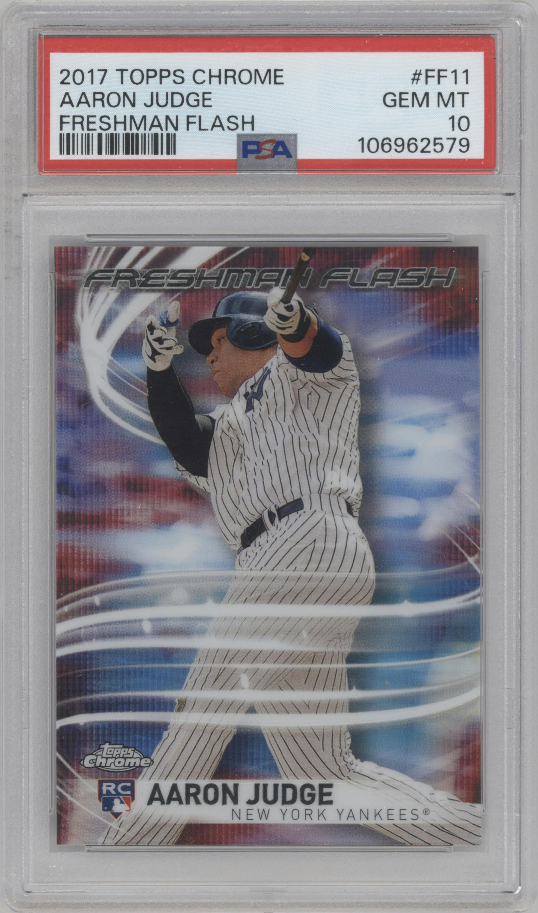 Aaron Judge from the 2017 Topps Chrome set graded by PSA and given an overall grade of 10.