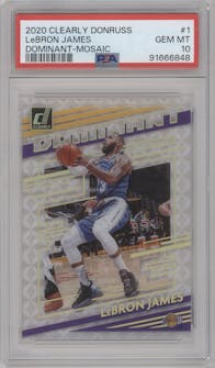 LeBron James from the 2020-21 Clearly Donruss set featuring a Mosaic parallel graded by PSA and given an overall grade of 10.