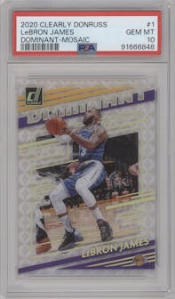 LeBron James from the 2020-21 Clearly Donruss set featuring a Mosaic parallel graded by PSA and given an overall grade of 10.