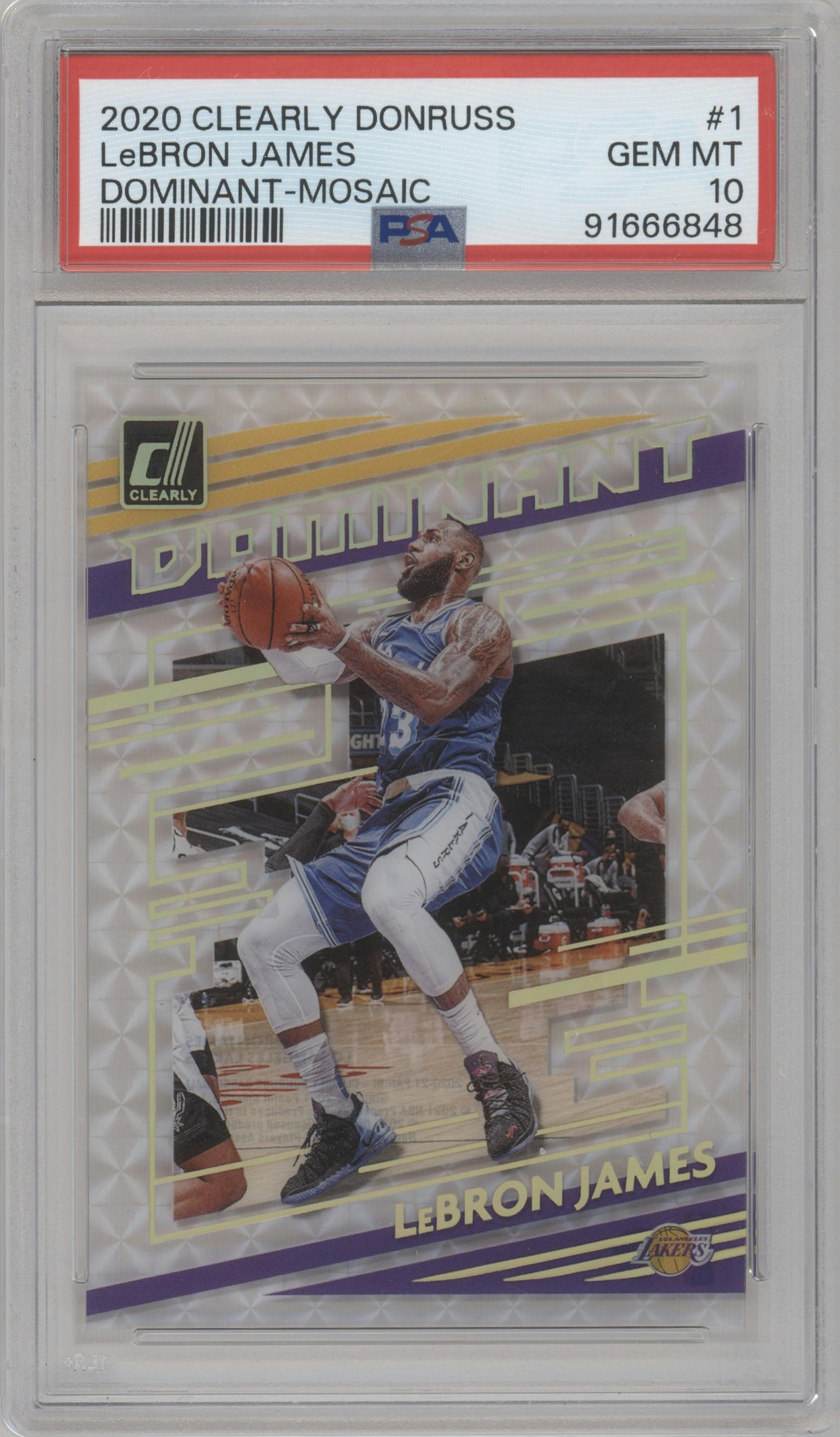 LeBron James from the 2020-21 Clearly Donruss set featuring a Mosaic parallel graded by PSA and given an overall grade of 10.