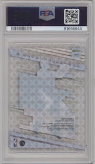 LeBron James from the 2020-21 Clearly Donruss set featuring a Mosaic parallel graded by PSA and given an overall grade of 10.