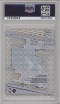 LeBron James from the 2020-21 Clearly Donruss set featuring a Mosaic parallel graded by PSA and given an overall grade of 10.