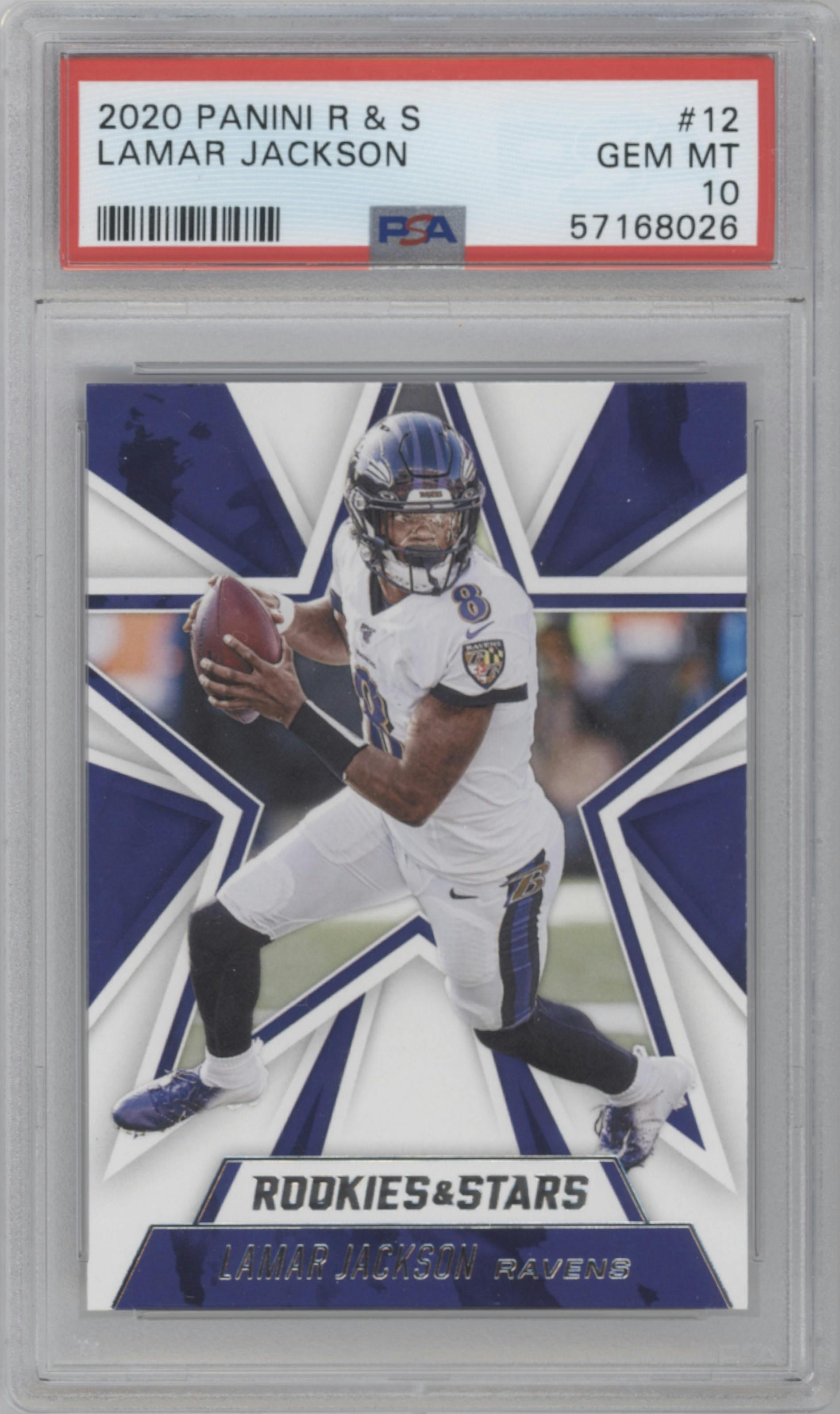 Lamar Jackson from the 2020 Panini Rookies & Stars set graded by PSA and given an overall grade of 10.