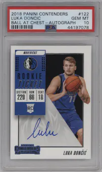 Luka Doncic from the 2018-19 Panini Contenders set graded by PSA and given an overall grade of 10.